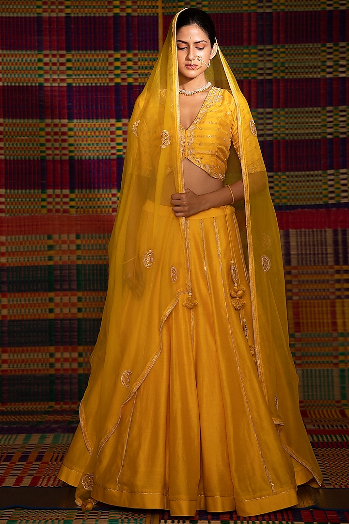 Yellow Hand Embroidered Kalidar Lehenga Set by Deep Thee