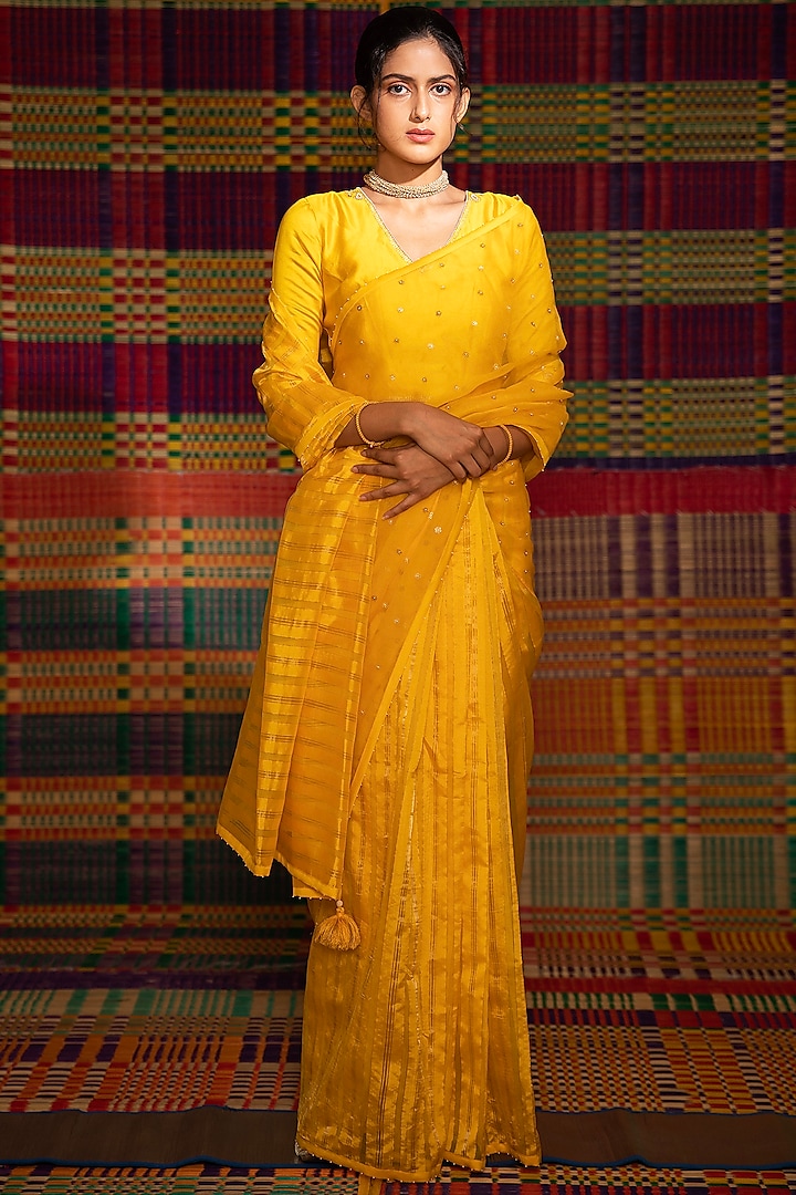 Yellow Hand Embroidered Saree Set by Deep Thee