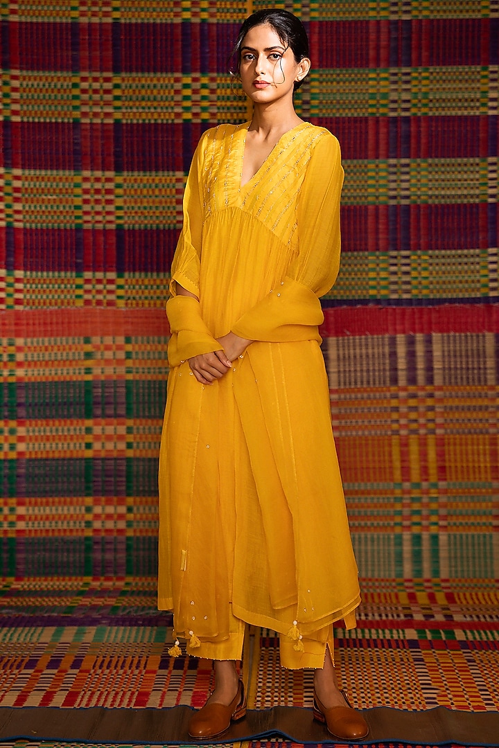 Yellow Hand Embroidered Gathered Kurta Set by Deep Thee