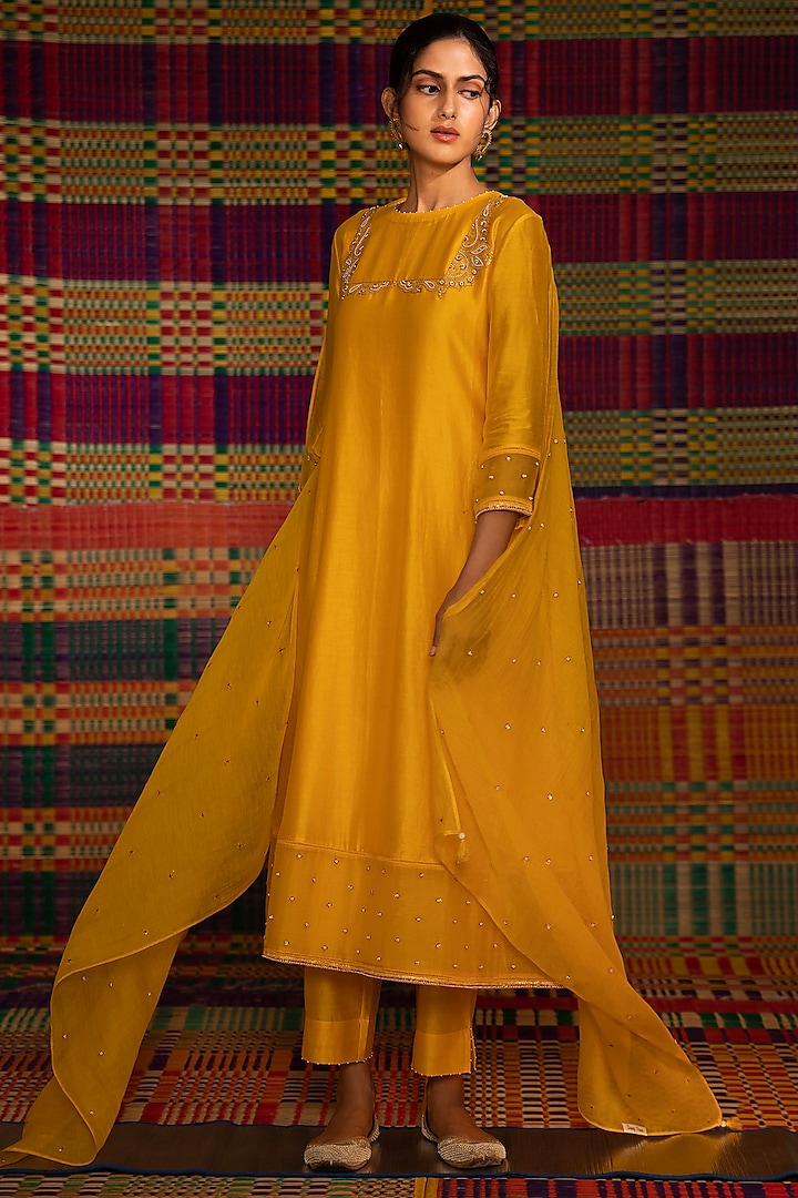 Yellow Hand Embroidered A-Line Kurta Set by Deep Thee
