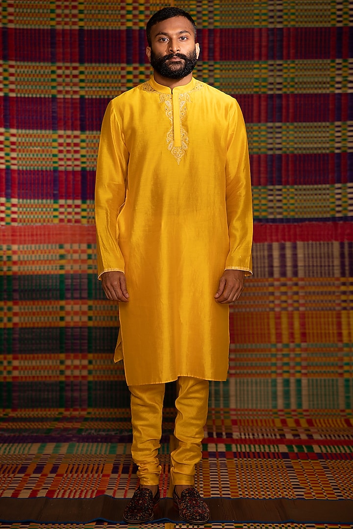 Yellow Hand Embroidered Kurta Set by Deep Thee Men