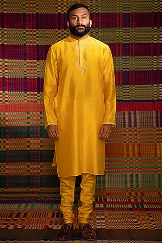 Yellow Hand Embroidered Kurta Set by Deep Thee Men