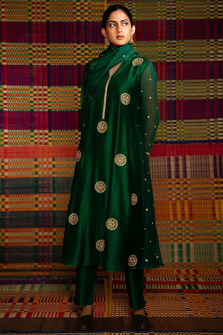 Emerald Green Hand Embroidered A-Line Kurta Set by Deep Thee