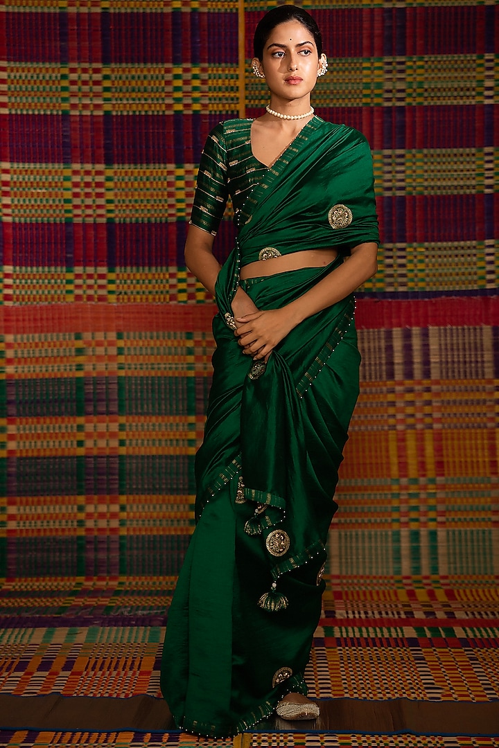Emerald Green Hand Embroidered Saree Set by Deep Thee