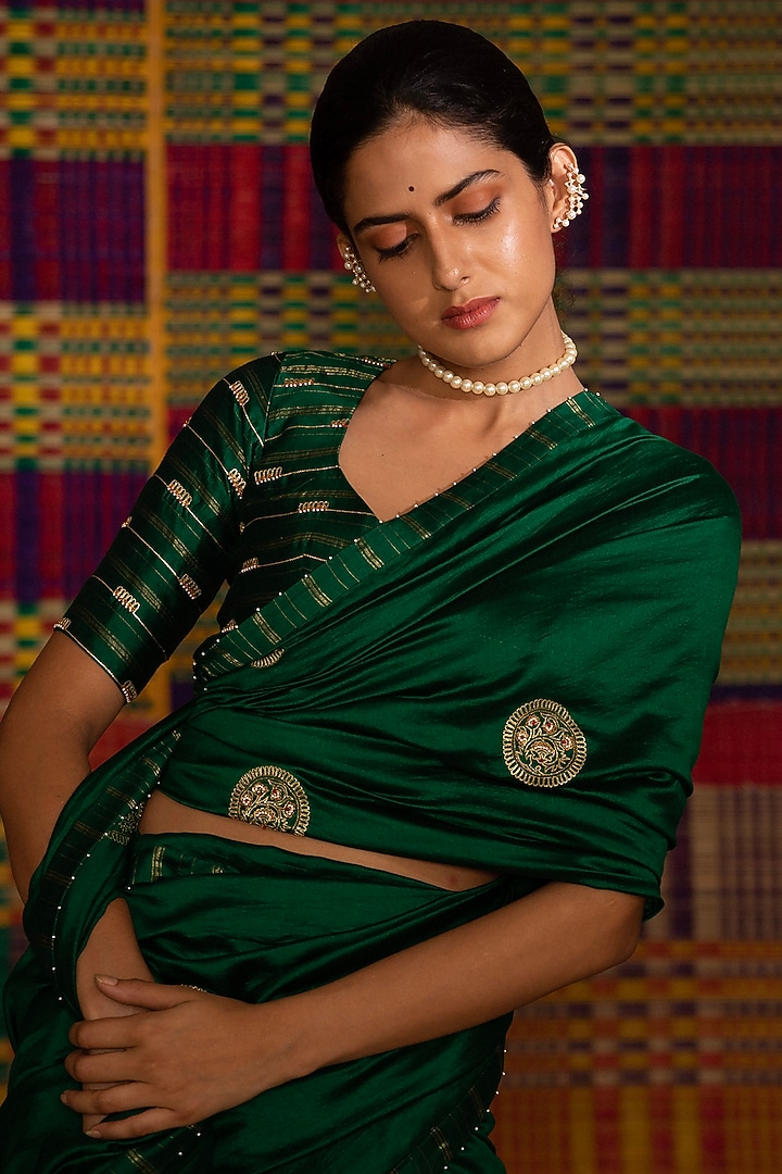 Emerald Green Hand Embroidered Wedding Saree Set by Deep Thee at Pernia's Pop Up Shop