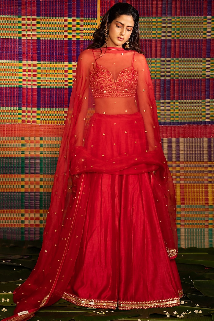 Pinkish Red Hand Embroidered Kalidar Lehenga Set by Deep Thee