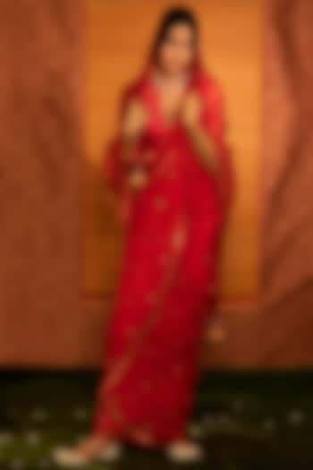 Pinkish Red Hand Embroidered Saree Set by Deep Thee