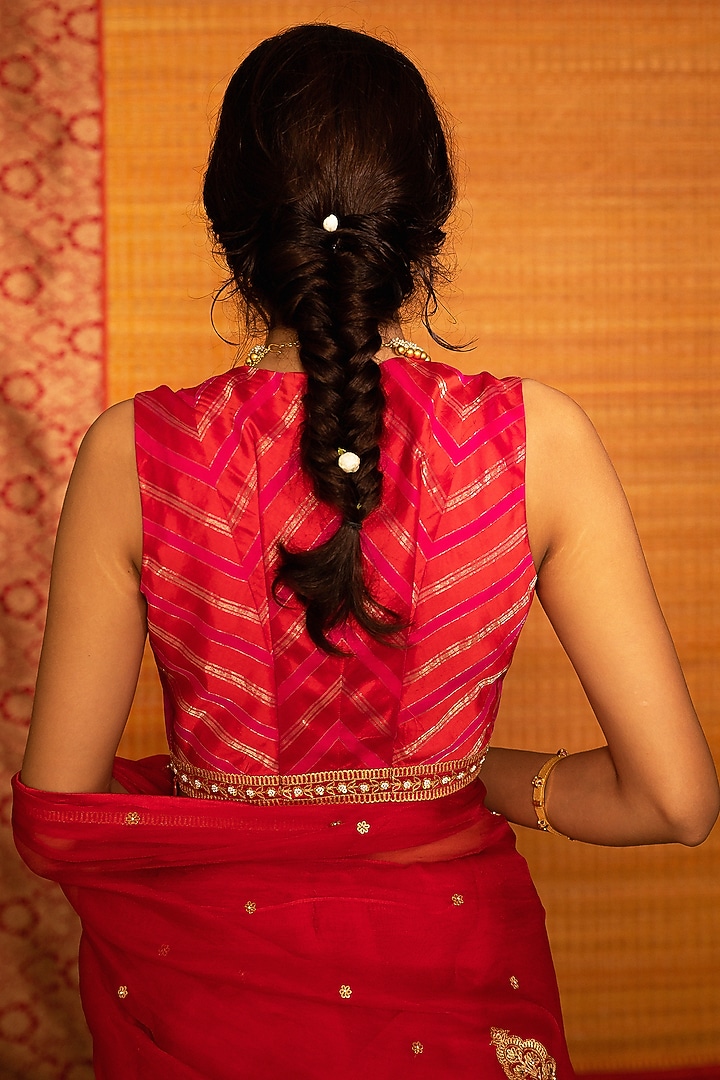Pinkish Red Hand Embroidered Wedding Saree Set by Deep Thee at Pernia's Pop Up Shop