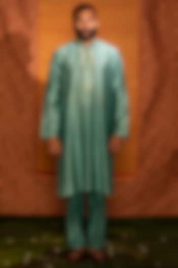 Teal Hand Embroidered Kurta Set by Deep Thee Men