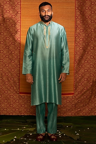 Teal Hand Embroidered Kurta Set by Deep Thee Men