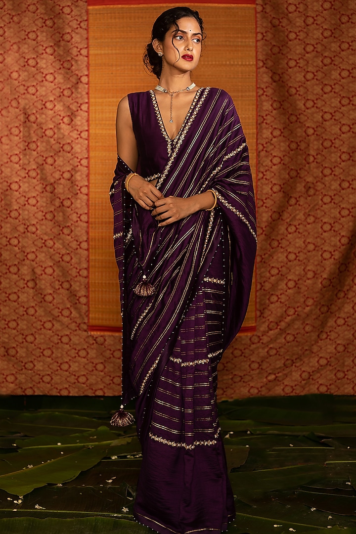 Violet Hand Embroidered Saree Set by Deep Thee