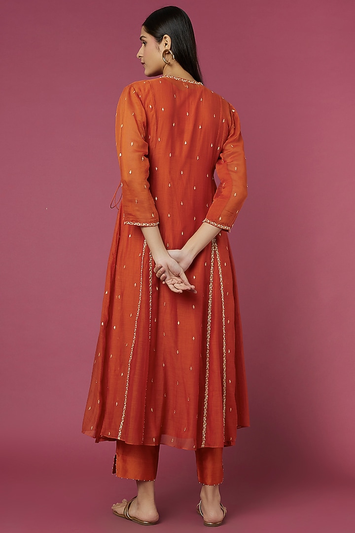 Rust Orange Embroidered Kurta Set by Deep thee at Pernia's Pop Up Shop