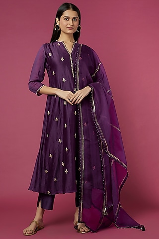 Aubergine Embroidered A-line Kurta Set by Deep thee