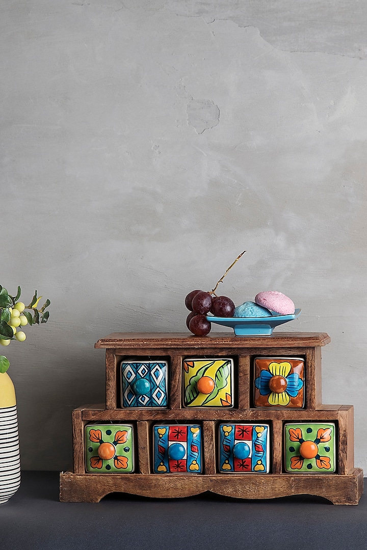 Multi Colored Wood & Ceramic Handcrafted Storage Cabinet by The 7 Dekor