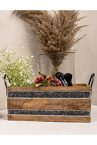 Brown & Black Acacia Wood Cutlery Stand by The 7 Dekor