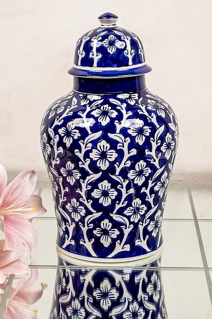 Blue & White Ceramic Jar by The 7 Dekor