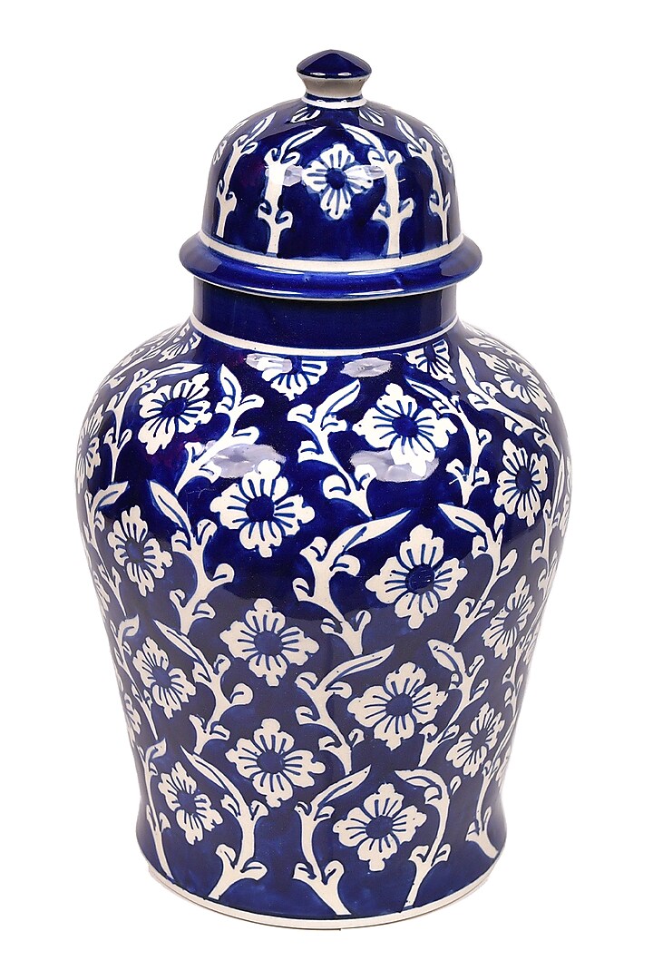 Blue & White Ceramic Jar With Removable Handle by The 7 Dekor at Pernia's Pop Up Shop