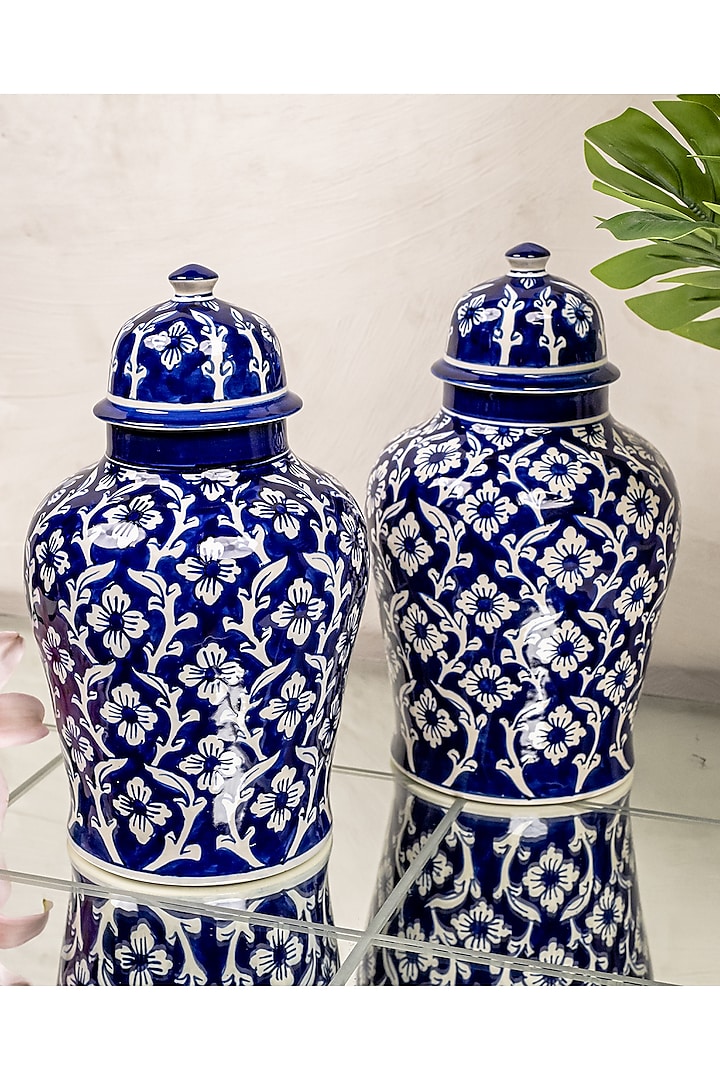 Blue & White Ceramic Jar With Removable Handle by The 7 Dekor at Pernia's Pop Up Shop