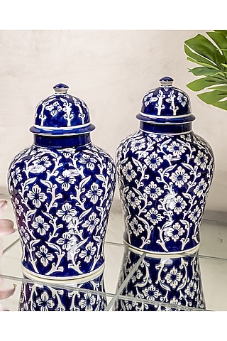 Blue & White Ceramic Jar With Removable Handle by The 7 Dekor