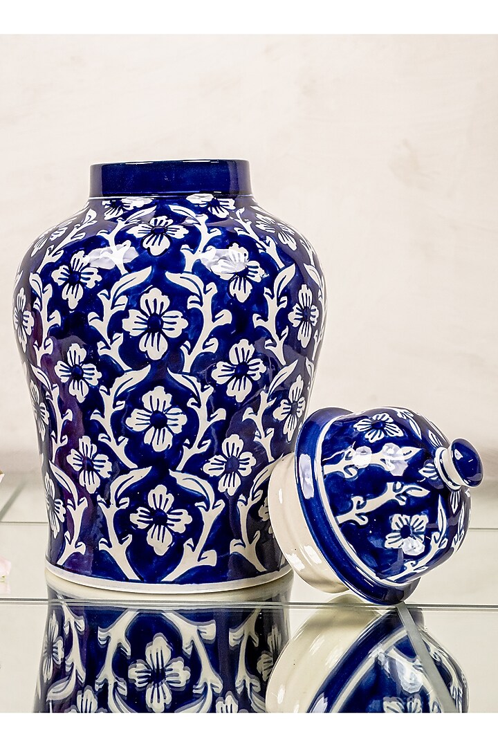 Blue & White Ceramic Jar With Removable Handle by The 7 Dekor at Pernia's Pop Up Shop