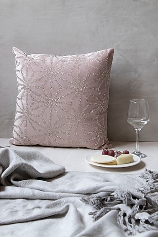 Blush Pink Embellished Viscose Cushion With Filler by The 7 Dekor