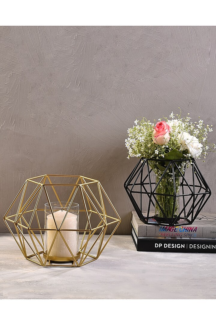 Gold Metal Hexa Candle Stands (Set of 2) by The 7 Dekor