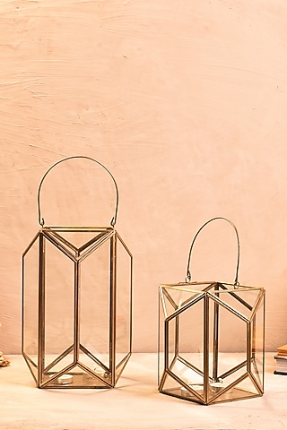 Antique Gold Glass & Metal Lantern (Set of 2) by The 7 Dekor