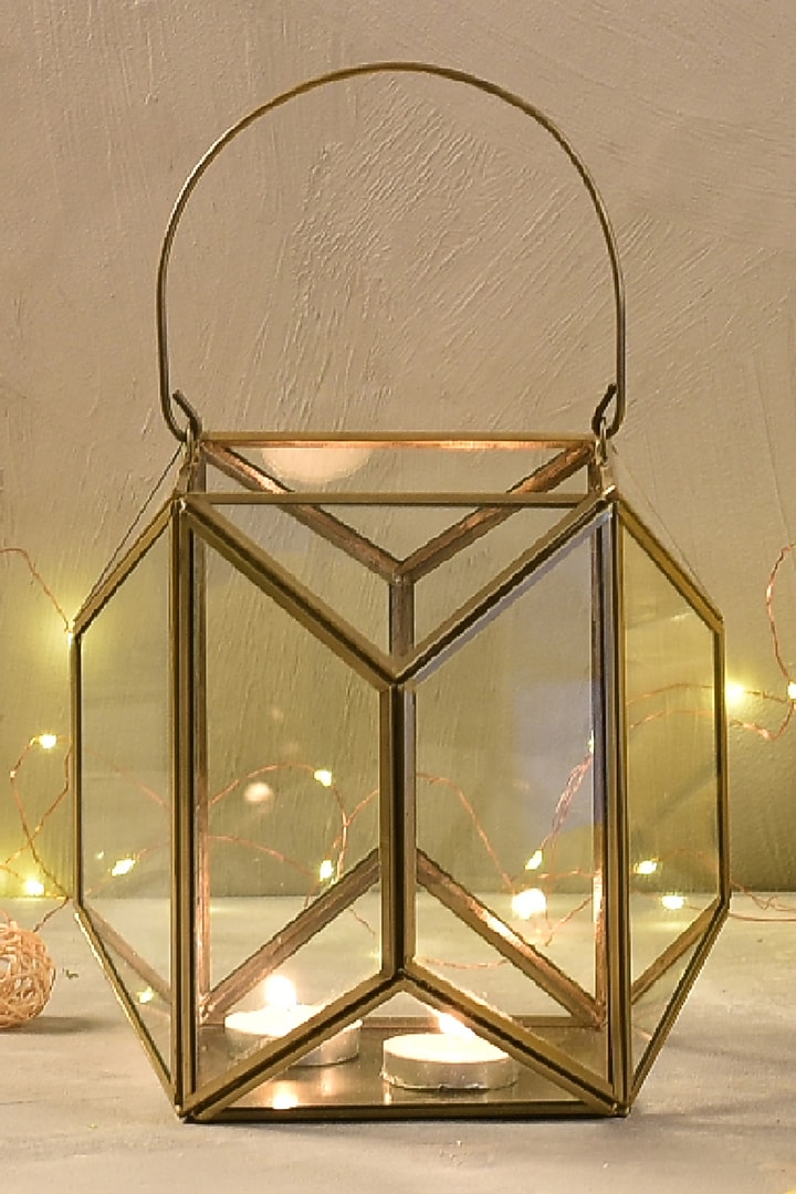 Antique Gold Glass & Metal Lantern (Set of 2) by The 7 Dekor at Pernia's Pop Up Shop
