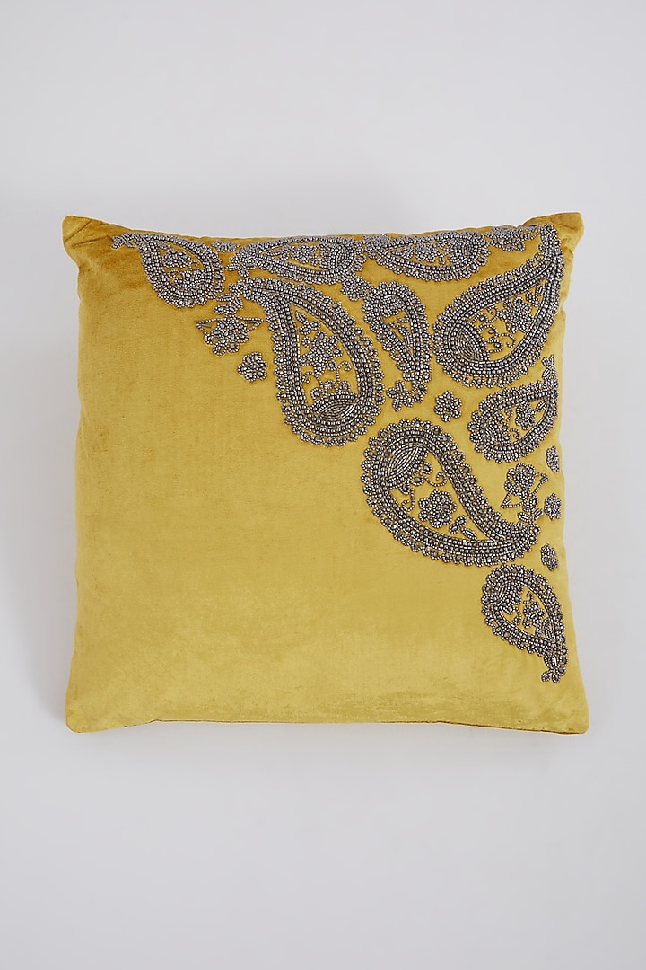 Yellow Viscose Embroidered Pillow by The 7 DeKor