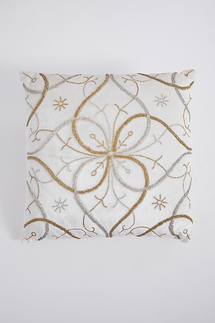 White Viscose Embroidered Pillow by The 7 DeKor