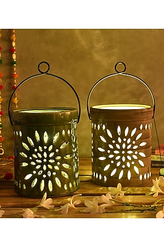 Smoky Grey & Olive Lanterns (Set Of 2) by The 7 DeKor