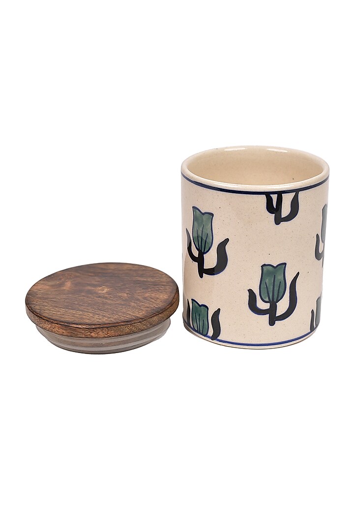 White Ceramic Hand-Painted Jars (Set of 2) by The 7 Dekor at Pernia's Pop Up Shop