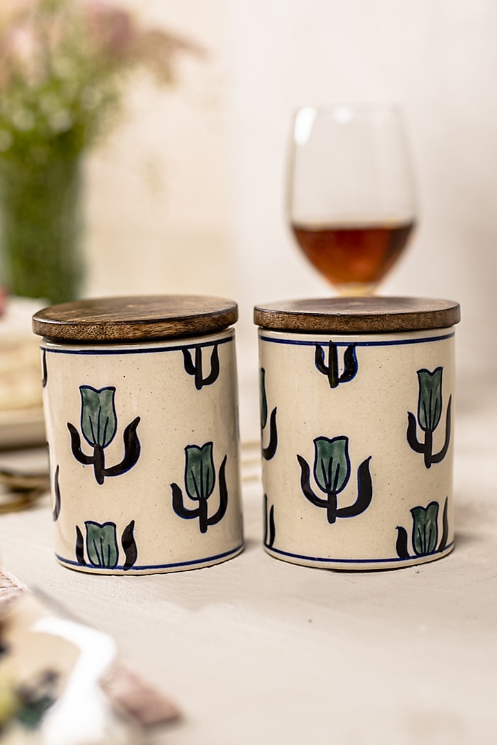 White Ceramic Hand-Painted Jars (Set of 2) by The 7 Dekor at Pernia's Pop Up Shop