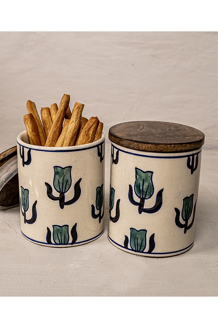 White Ceramic Hand-Painted Jars (Set of 2) by The 7 Dekor at Pernia's Pop Up Shop