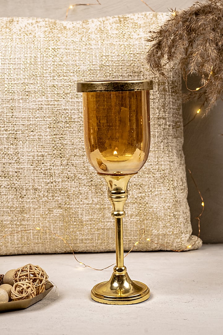 Gold Glass & Metal Hurricane Candle Holder by The 7 Dekor at Pernia's Pop Up Shop