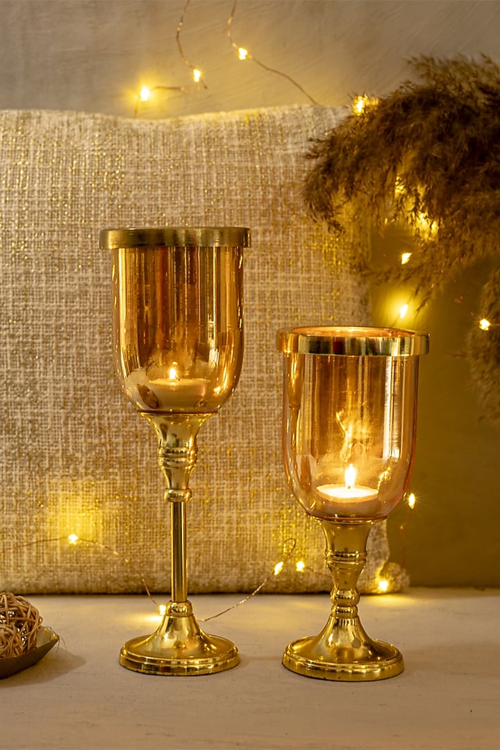 Gold Glass & Metal Hurricane Candle Holder by The 7 Dekor at Pernia's Pop Up Shop
