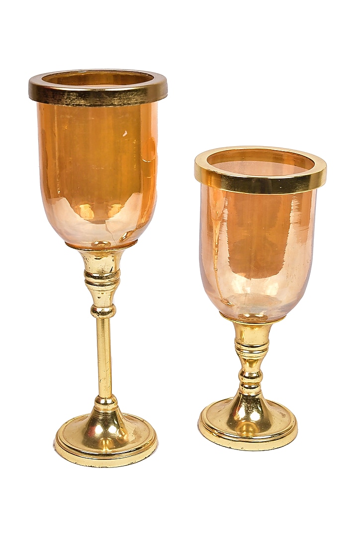 Gold Glass & Metal Hurricane Candle Holder (Set of 2) by The 7 Dekor at Pernia's Pop Up Shop