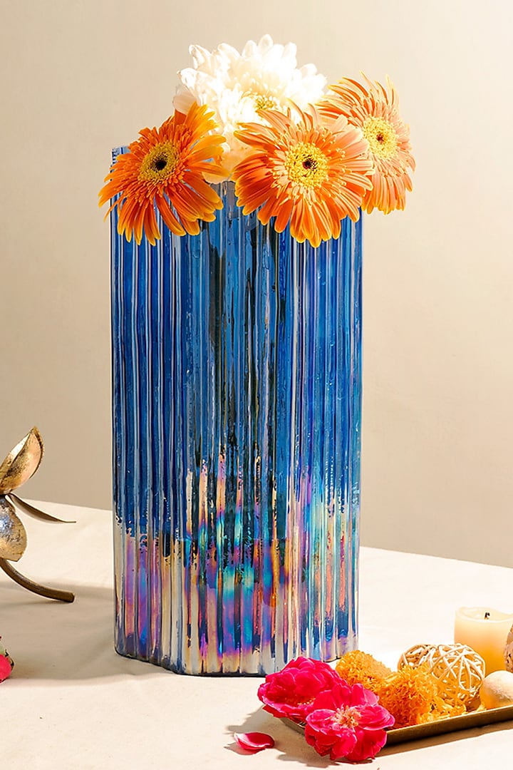 Blue Fluted Glass Vase by The 7 Dekor