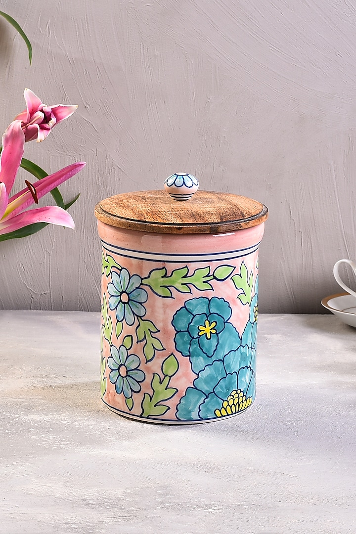 Pastel Pink Hand-Painted Ceramic Jar (Set of 2) by The 7 Dekor