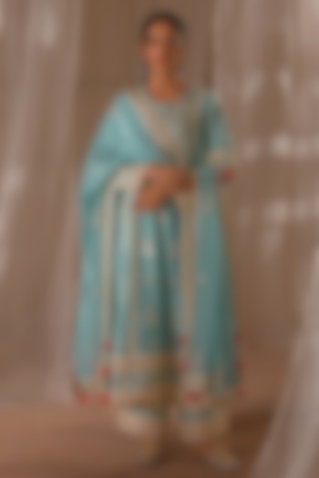 Aqua Blue Chanderi Resham Embroidered Long Kurta Set by Desho couture at Pernia's Pop Up Shop