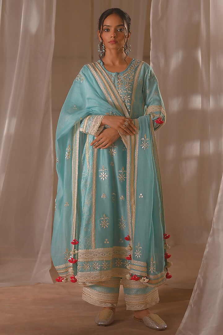 Aqua Blue Chanderi Resham Embroidered Long Kurta Set by Desho couture at Pernia's Pop Up Shop