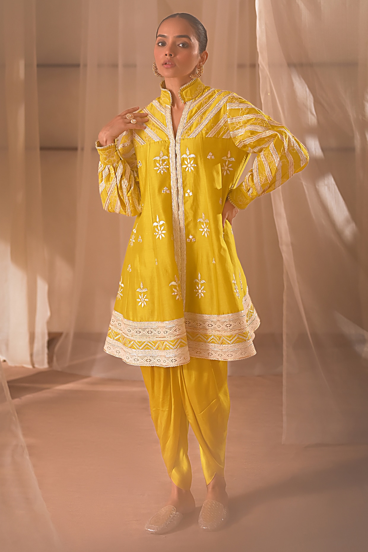 Desho couture Mustard Chanderi Resham Embroidered Kurta Set