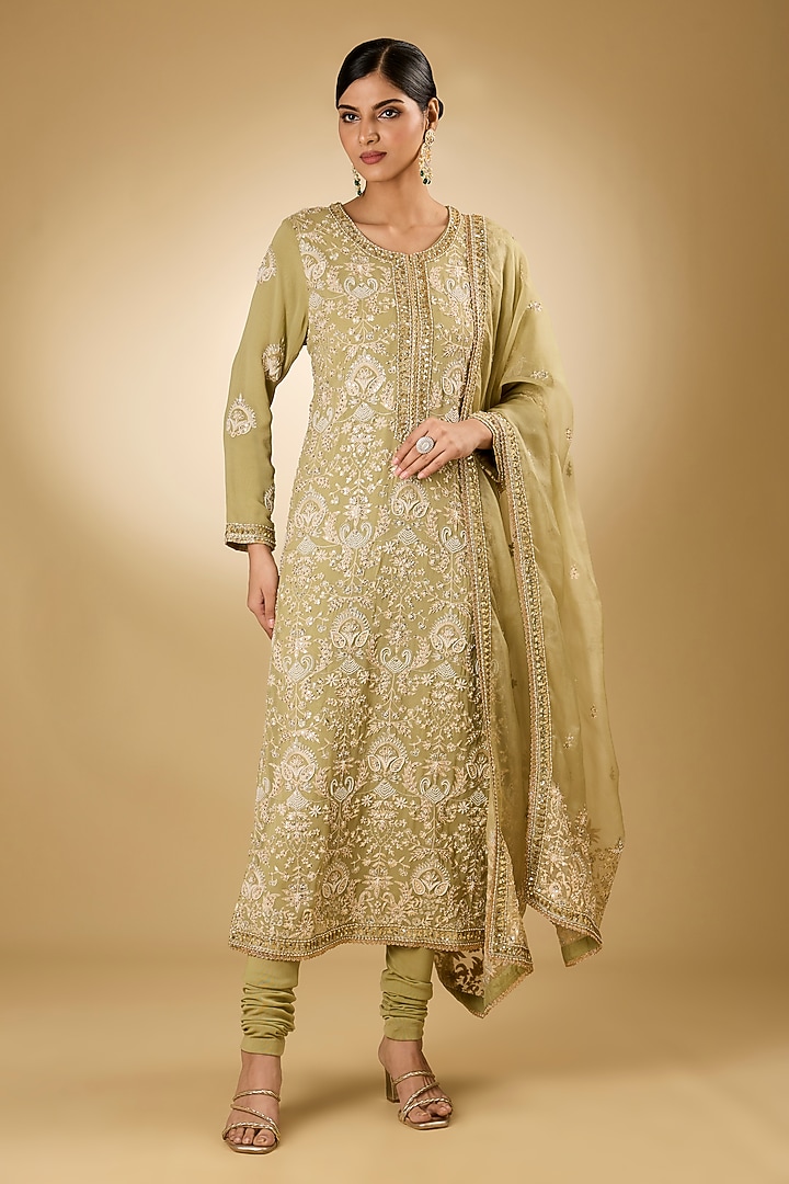 Sage Green Georgette Aari Resham Embroidered Kurta Set by Desho couture at Pernia's Pop Up Shop