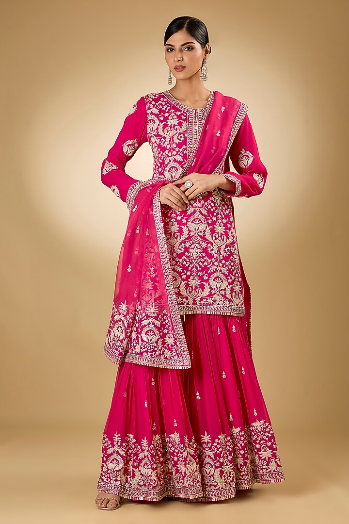 Pink Georgette Aari Resham Embroidered Gharara Set by Desho couture at Pernia's Pop Up Shop