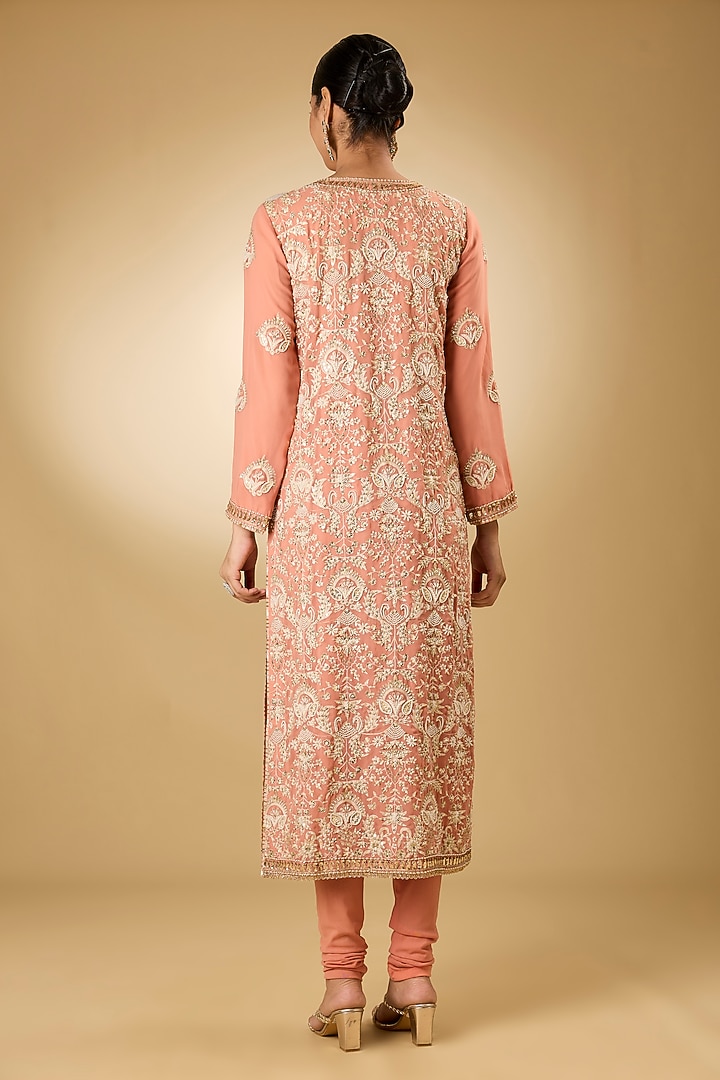 Peach Georgette Aari Resham Embroidered Kurta Set by Desho couture at Pernia's Pop Up Shop