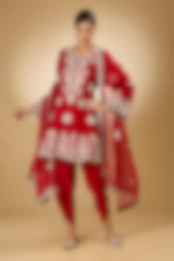 Red Georgette Aari Resham Embroidered Short Wedding Anarkali Set by Desho couture at Pernia's Pop Up Shop