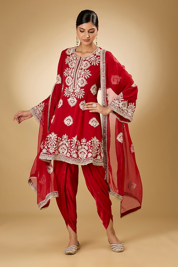 Red Georgette Aari Resham Embroidered Short Wedding Anarkali Set by Desho couture at Pernia's Pop Up Shop