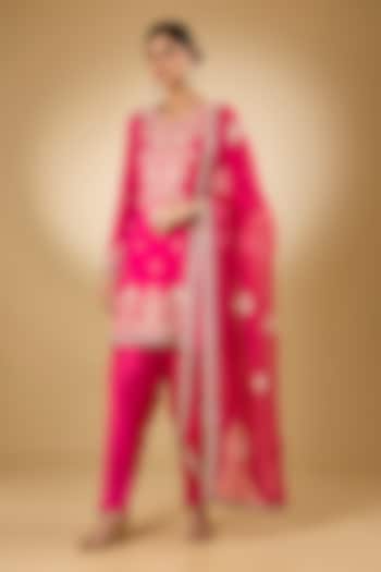 Pink Georgette Aari Resham Embroidered A-Line Short Kurta Set by Desho couture at Pernia's Pop Up Shop