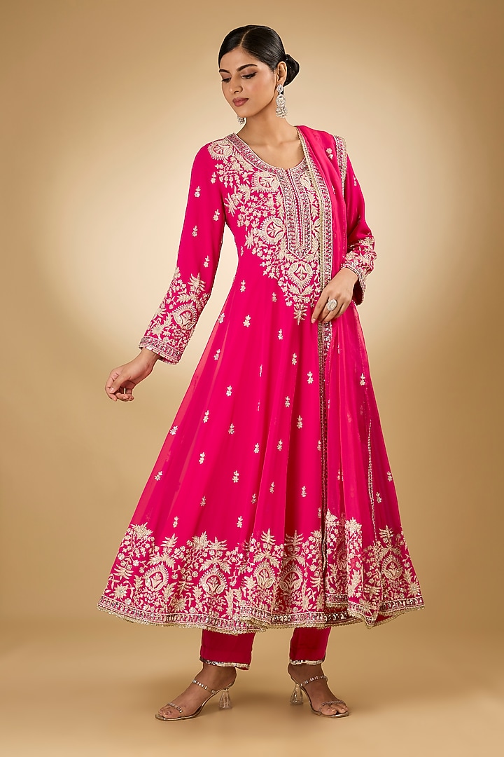 Pink Georgette Aari Resham Embroidered Bridal Anarkali Set by Desho couture at Pernia's Pop Up Shop