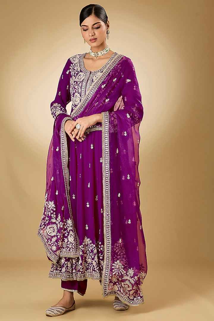 Purple Georgette Aari Resham Embroidered Bridal Anarkali Set by Desho couture at Pernia's Pop Up Shop
